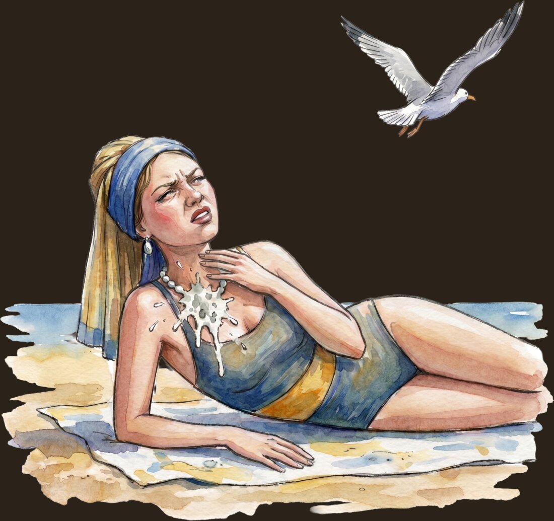 A sunbathing tourist freshly decorated by a passing gull